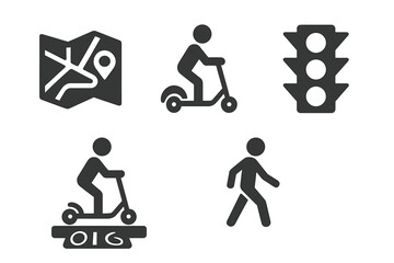 Urban scooter solid icon set. E-scooter sharing, city map route, traffic light, pedestrian crosswalk & bike lane symbols. Micromobility & eco-friendly transportation vector glyphs.