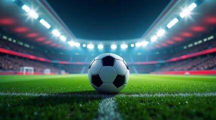 Soccer ball on stadium grass field lights