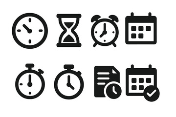 Time Management Icons Solid Filled Vector Set with Clock, Hourglass, Alarm Bell, Calendar, Stopwatch, Timer, Schedule Symbols for Productivity and Planning