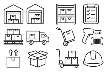 Warehouse logistics line icon set. Storage, distribution center, and supply chain management symbols. Vector collection for freight, cargo, shipping, and delivery concepts.