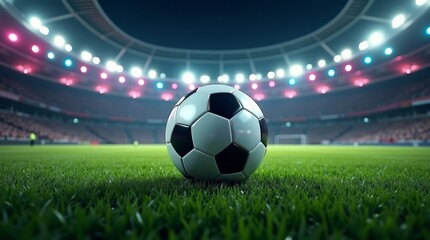 Soccer ball on stadium grass green black
