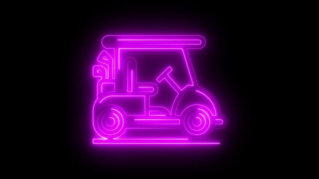 Neon Golf Cart Purple Glowing Electric Vehicle Symbol on Black Background purple neon golf cart symbol 4k video