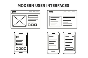 Website design and mobile app development vector icon set. UI UX user interface wireframe kit for responsive web page layout. Modern minimal line art prototype templates.