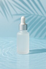 Mockup botol serum kaca frosted dengan pipet putih di latar belakang biru.