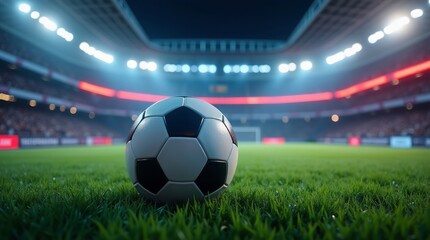 Soccer ball on stadium grass green white