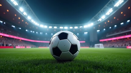 Soccer ball on stadium grass lights night