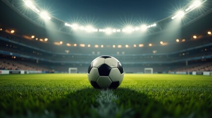 Soccer ball on stadium grass green grass white line