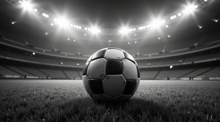 Soccer ball on stadium grass under bright lights black and white