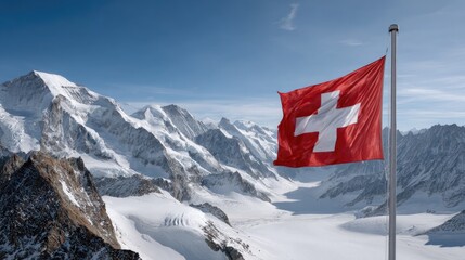 Swiss Flag Waving Against Snowy Alpine Peaks