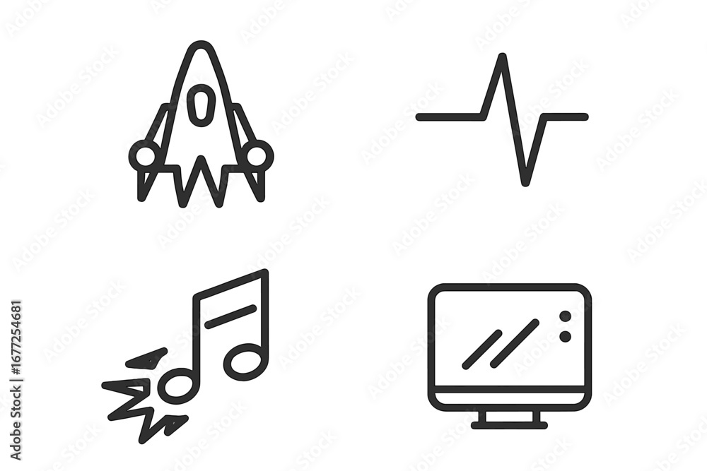 Aufkleber sci-fi game icon set. outline icons for futuristic video games. spaceship silhouette, electronic pul