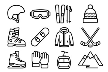 Winter sports outline icon set. Ski, snowboard, ice hockey equipment. Essential gear symbols for mountain resort vacation. Vector line art pictogram collection isolated.