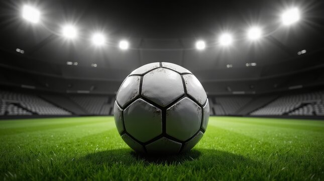 White soccer ball on stadium grass green