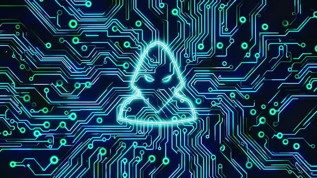 Digital Intruder Symbol Superimposed on Electronic Circuit Board Schematic with Abstract Pattern Representing Cybersecurity Themes