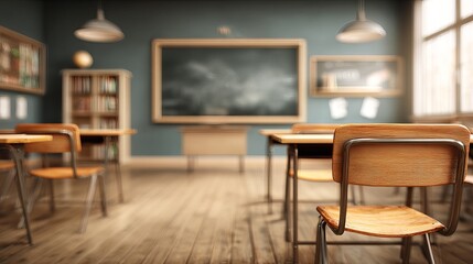 Empty classroom with wooden desks, chairs, and chalkboard ready for learning