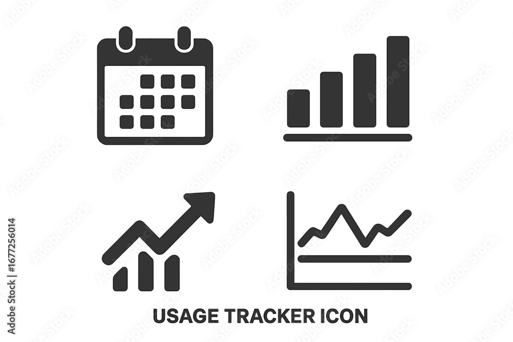 Poster data analytics solid icon set. usage tracker symbols with calendar, bar chart, growth arrow, and lin