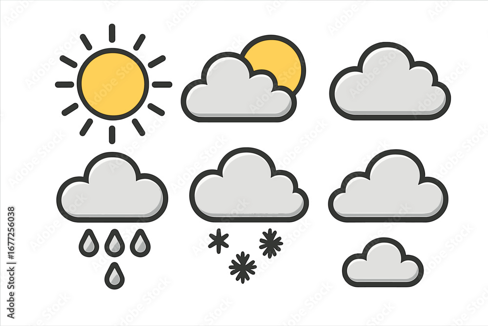 Poster weather icons set vector collection. line art cartoon symbols for meteorology forecast. sun, cloud, 