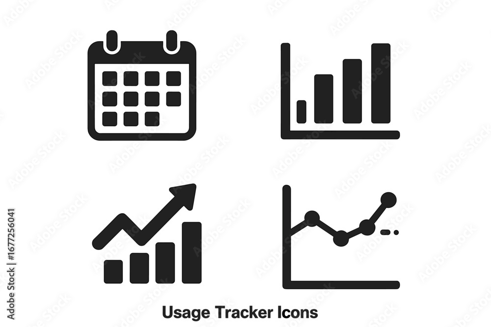 Poster usage tracker icon set for data analysis. solid glyph icons for monthly report, calendar schedule, s