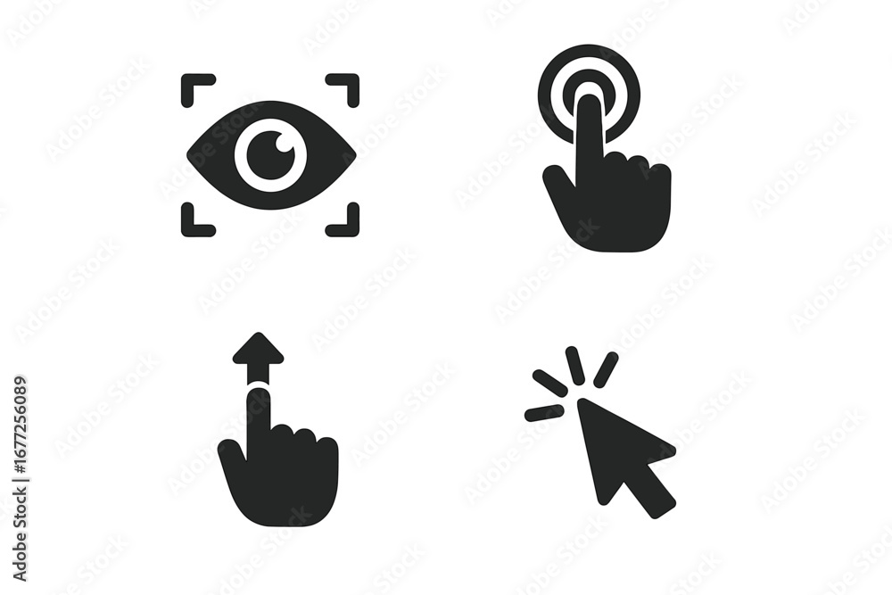 Poster solid user experience icon set with eye tracking, touch tap gesture, scroll up hand, and cursor clic