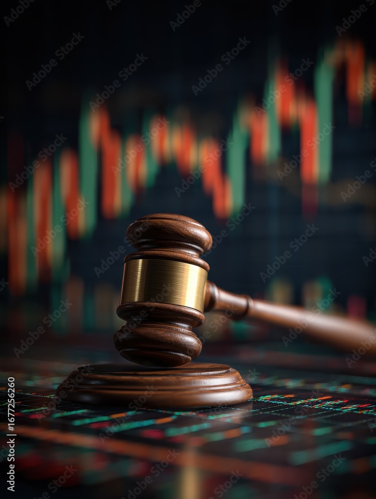 Poster judge gavel resting on sound block against stock market charts background