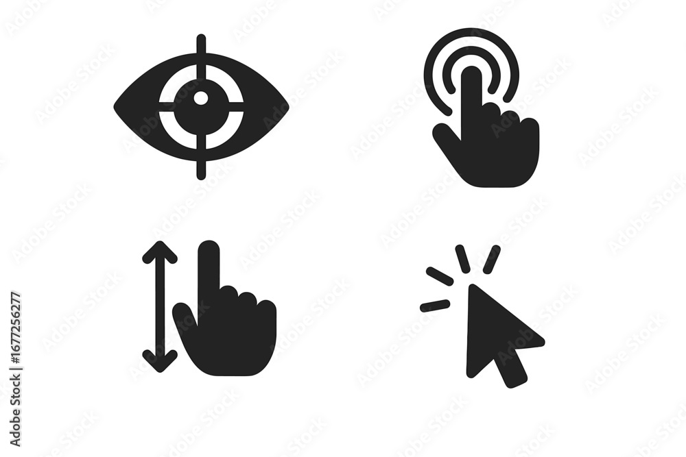 Poster user experience solid icon set. ux ui design elements. vector symbols of eye tracking, touch gesture