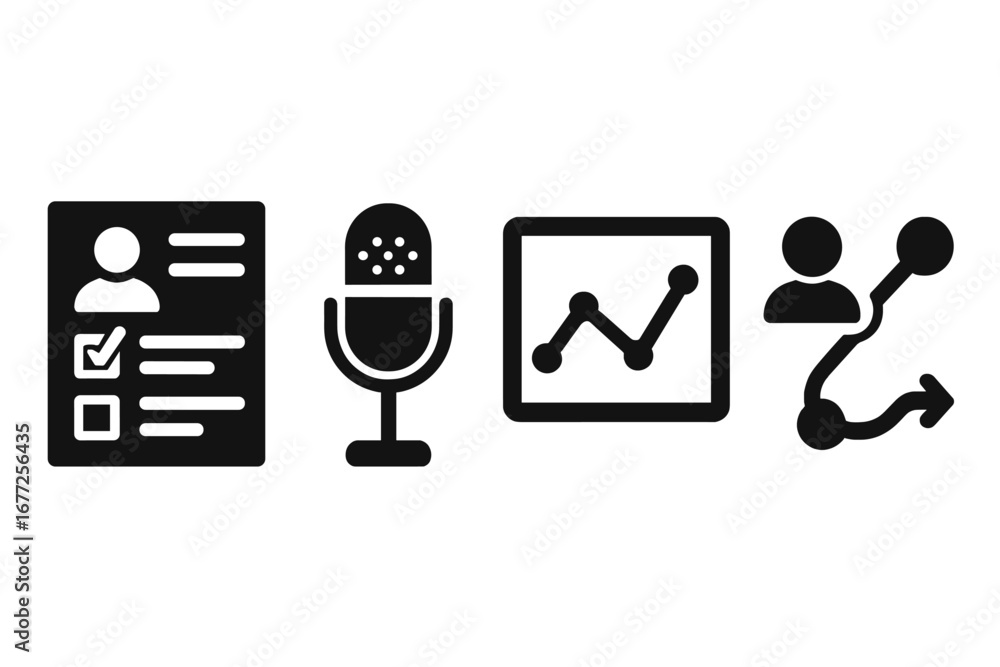 Poster user research solid glyph icon set. icons for user persona, survey form, interview, data analytics g