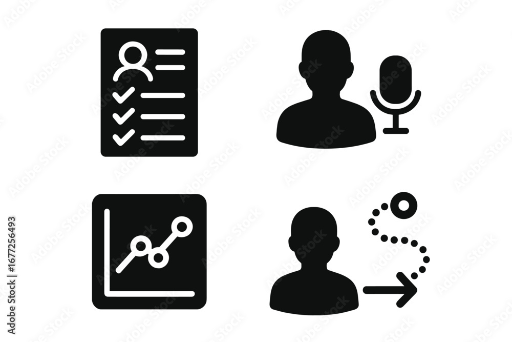 Poster user research solid icon set. vector glyphs for ux design, including user interview, data survey for