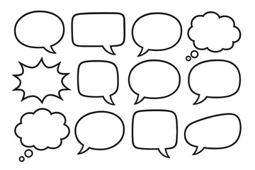 Hand-drawn speech bubble and thought bubble set. Collection of comic-style dialogue balloons, chat boxes, and message frames for communication. Vector doodle pop art illustration.