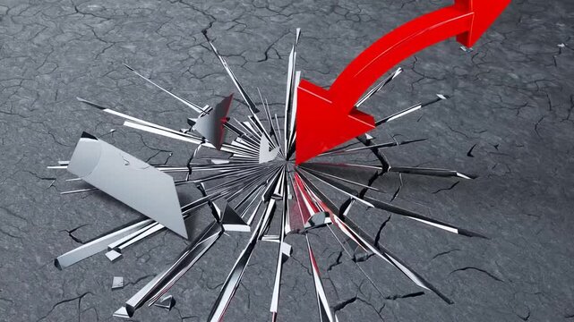 Conceptual 3D Illustration of Red Financial Arrows Breaking Through Concrete Surface