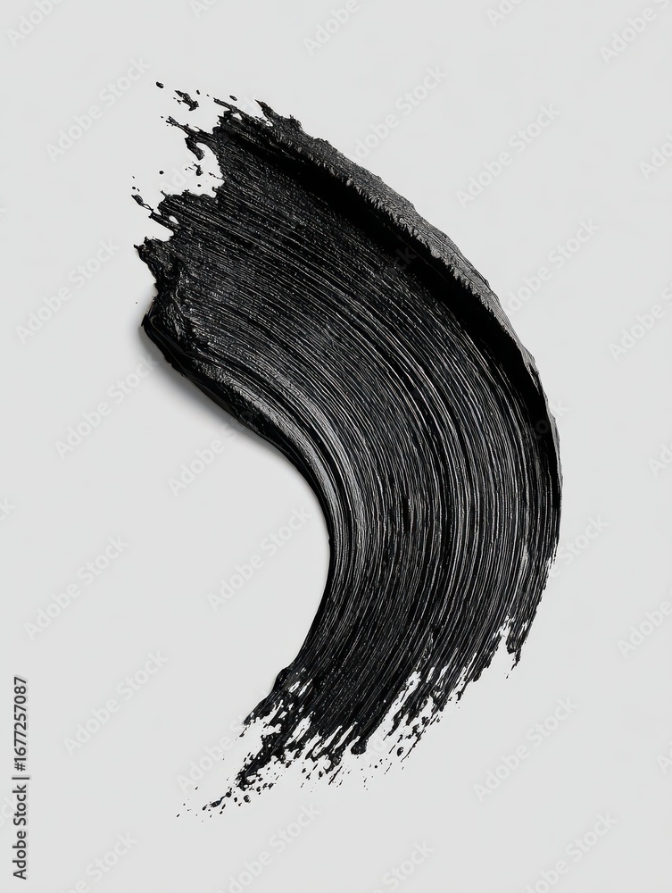 Poster a single bold black brushstroke with lifelike texture and sharp contours angled upwards on a pristin