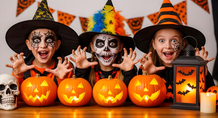 Fototapeta premium Three young children dressed in Halloween costumes and face paint with carved pumpkins and a skull decoration