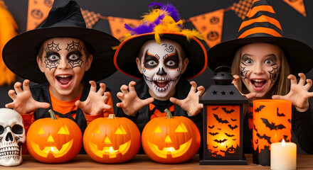 Excited children in Halloween costumes and makeup celebrating with carved pumpkins and decorations