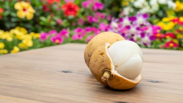 Partially peeled langsat fruit on a wooden table with a vibrant floral background.