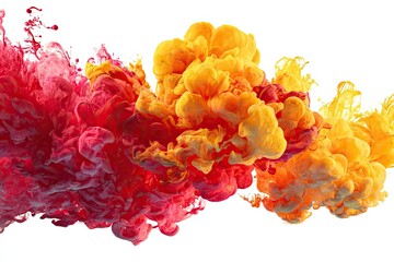 Vibrant, swirling clouds of red and yellow ink against a white background