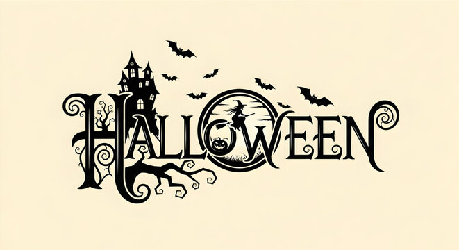 Spooky Halloween typographic design featuring a haunted castle, bats, and a witch against a vintage cream background