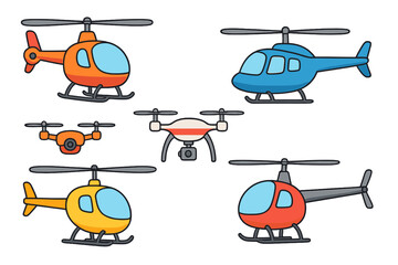 Naklejka premium Colorful collection of small helicopters and drones, cartoon vector illustration, playful transport set, simple design, flying devices, technology and aviation concept, transparent background