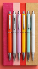 Six colorful pens arranged in a row on a multicolored notebook