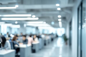 Blurred interior of a modern office with many people working