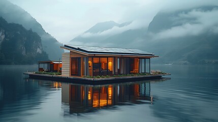 Floating house on a tranquil lake surrounded by majestic mountains and mist