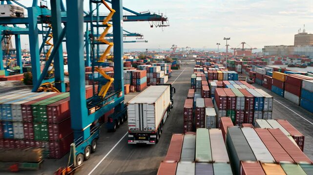 Cargo truck moving slowly in logistics port full of colorful containers and cranes. Concept of global trade, supply chain, transport efficiency.