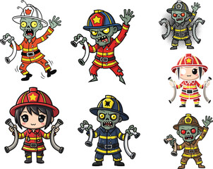 cartoon firefighter zombie, emergency crew, undead fireman, vector illustration, green skin, fire hose, helmet insignia, horror parody, rescue team, apocalypse theme