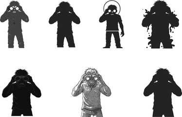 Zombie using binoculars silhouette and grayscale set, horror cartoon character watching, spooky undead spy concept, Halloween creepy monster clipart