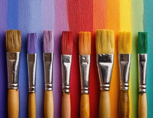 Paintbrushes in various colors, aligned on a colorful background