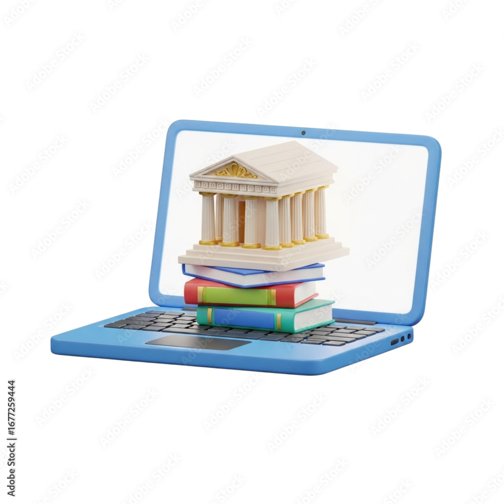 Fototapete 3d icon of 3d rendering of a classical building on books on a laptop isolated on transparent backgro