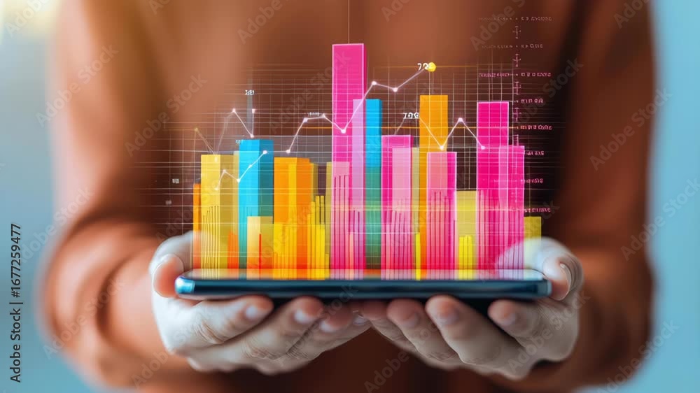 Aufkleber colorful digital bar chart and graph projection above smartphone held hands, symbolizing data analys