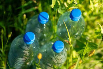 Plastic bottles with blue caps discarded in green grass, highlighting pollution, waste, and the urgent need for recycling, sustainability, and environmental care