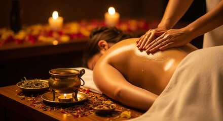 A relaxing Ayurvedic abhyanga massage scene with a client lying on a wooden table and a therapist applying warm herbal oil, surrounded by spa ambiance like brass lamps and flower petals