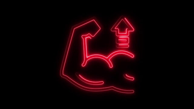 Glowing neon pink icon representing muscle toning and fat reduction with downward arrows on a black 4k video