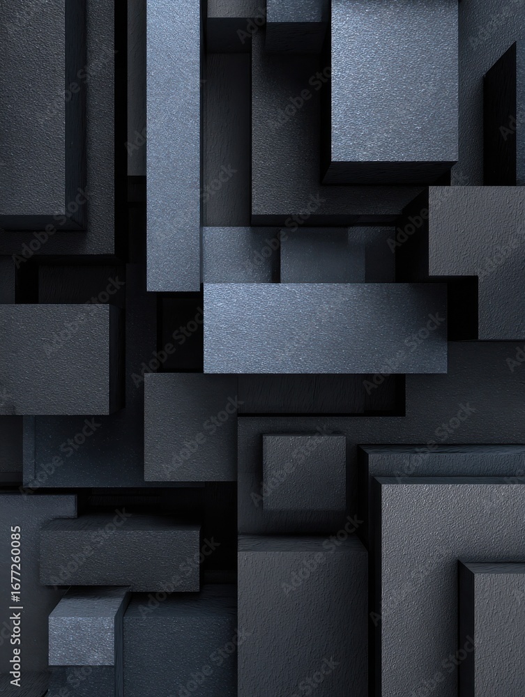 Poster abstract dark geometric shapes with sharp edges and varying heights creating a minimalist layered ar