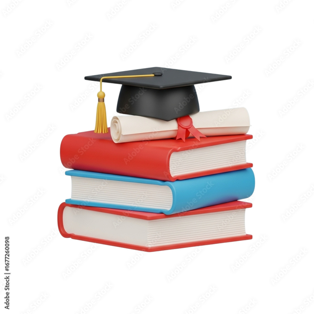 Poster 3d icon of stack of books with graduation cap and diploma isolated on transparent background