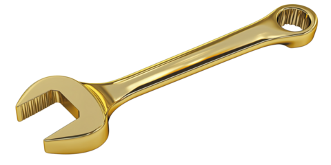 Luxury metallic gold spanner equipment isolated on white transparent background